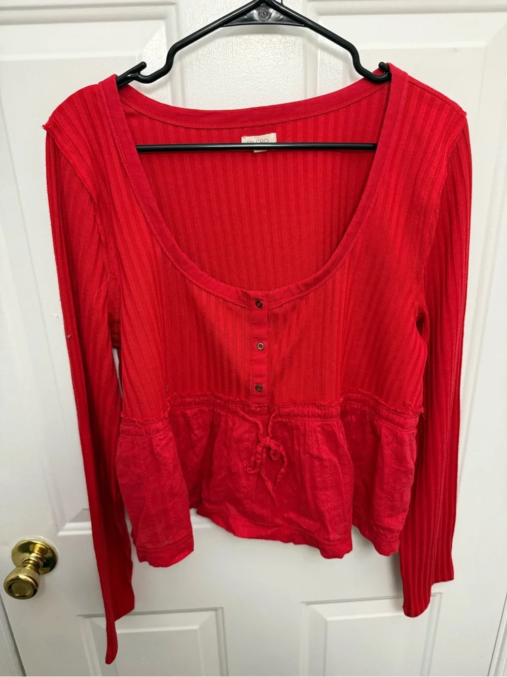 Pilcro Anthropologie Cottagecore Red Mixed Media Ribbed Eyelet Peplum Top XL